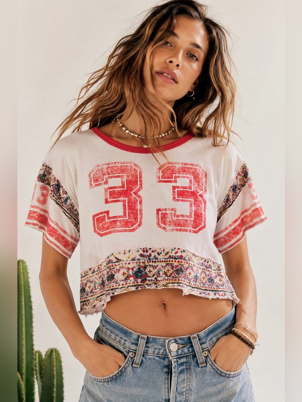 ✨ Free People We The Free "33" Cropped Boho Football Tee • Size Small